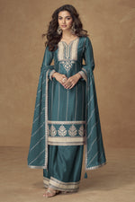 Teal Chinon Silk Plazo Suit For Indian & Pakistani Wedding Festival - Thread Embroidery Work