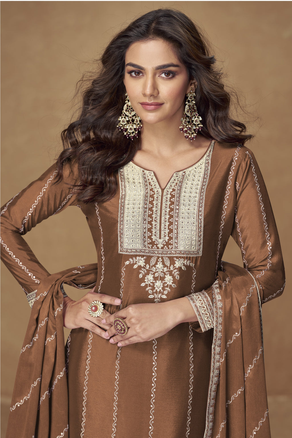 Brown Chinon Silk Plazo Suit For Indian & Pakistani Wedding Festival - Thread Embroidery Work