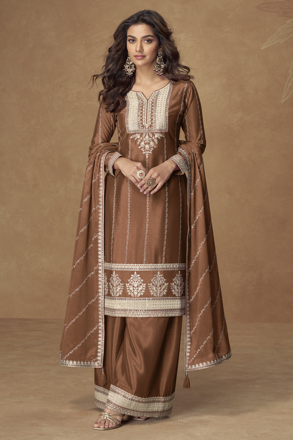 Brown Chinon Silk Plazo Suit For Indian & Pakistani Wedding Festival - Thread Embroidery Work