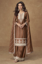 Brown Chinon Silk Plazo Suit For Indian & Pakistani Wedding Festival - Thread Embroidery Work