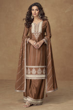 Brown Chinon Silk Plazo Suit For Indian & Pakistani Wedding Festival - Thread Embroidery Work