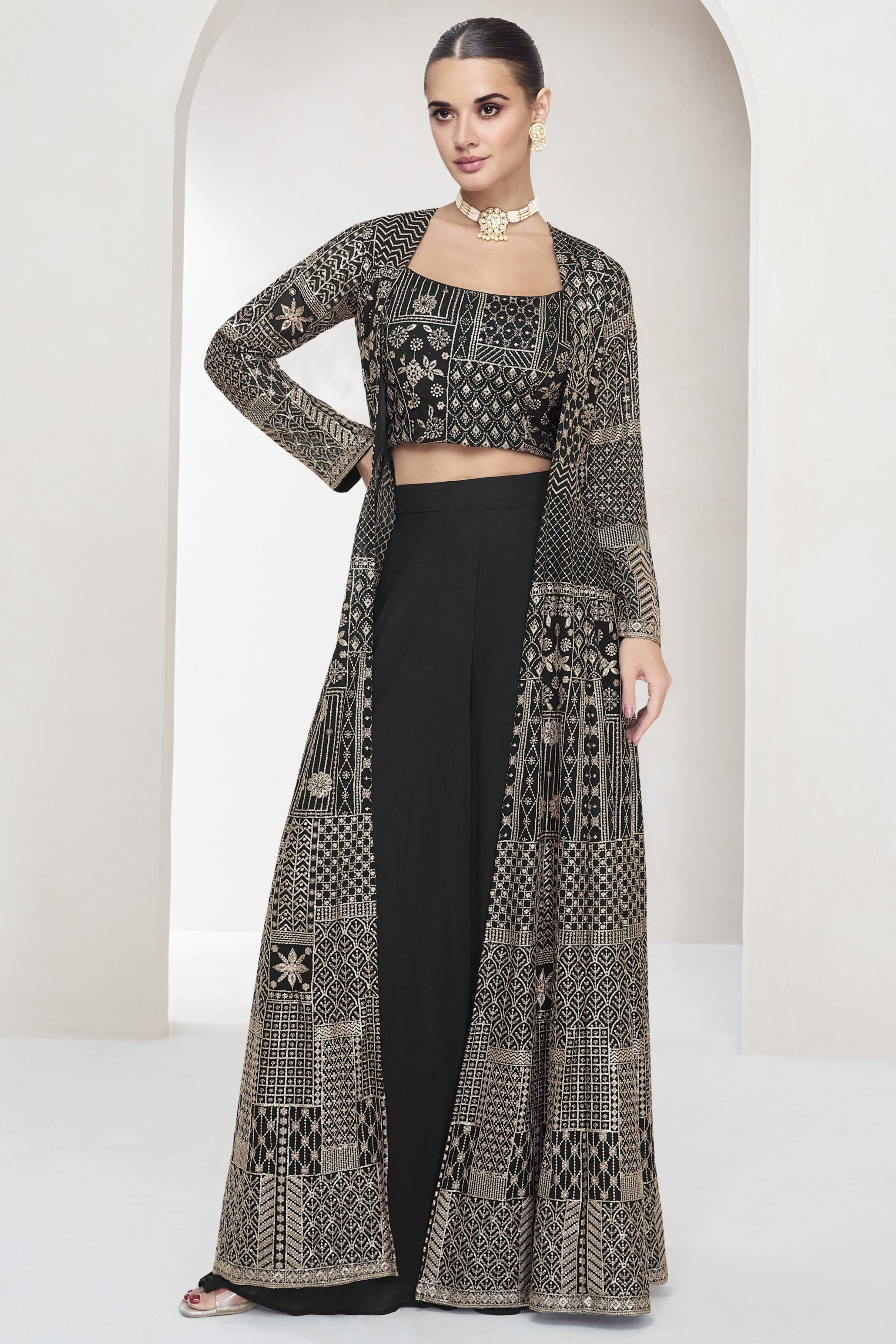 Grayish Black Georgette Palazzo with Choli & Jacket For Wedding & Indian Festival - Embroidery Work