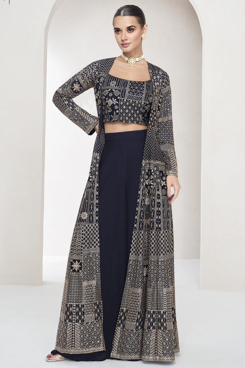 Blue Georgette Palazzo with Choli & Jacket For Wedding & Indian Festival - Embroidery Work