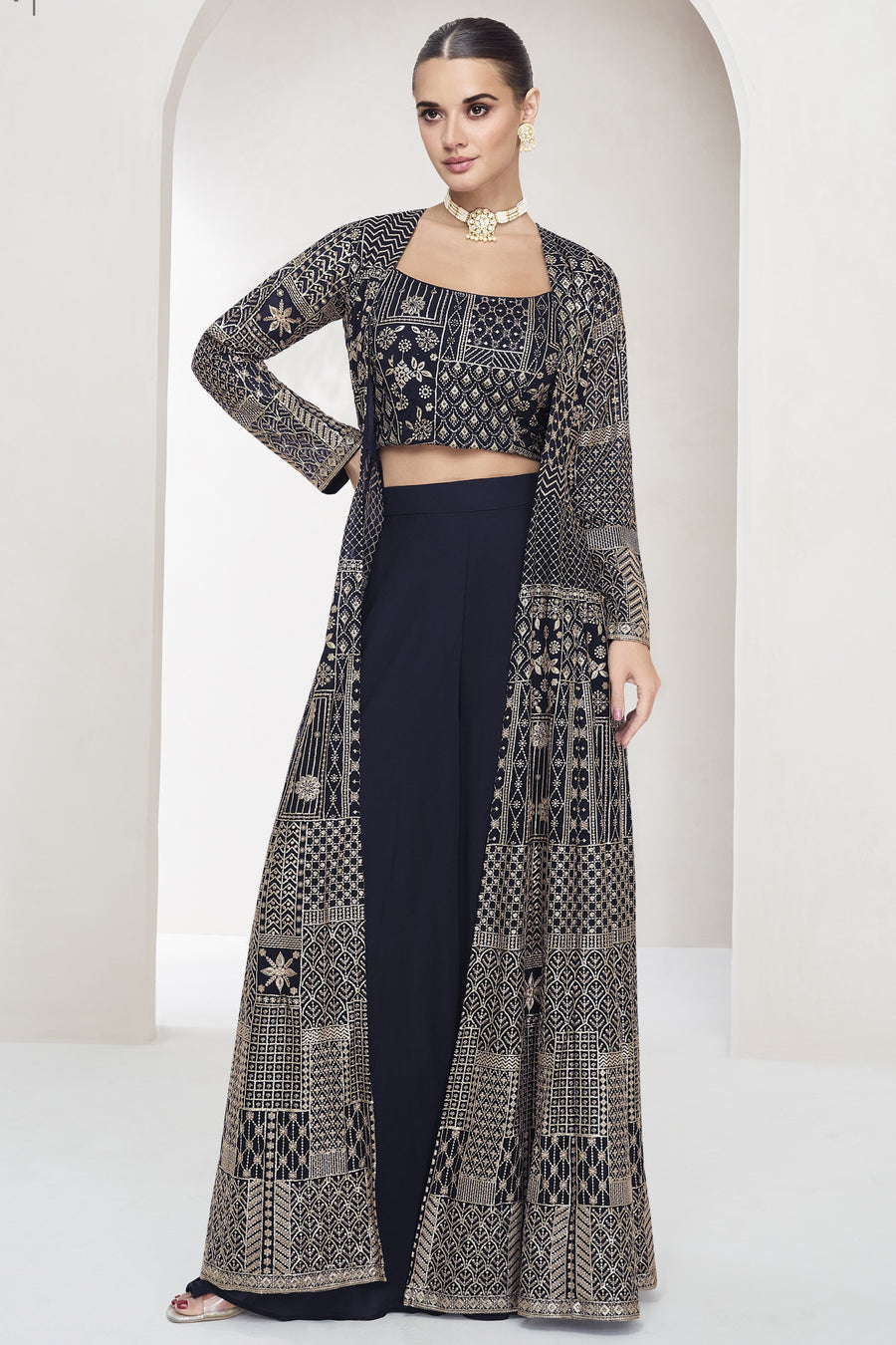 Blue Georgette Palazzo with Choli & Jacket For Wedding & Indian Festival - Embroidery Work