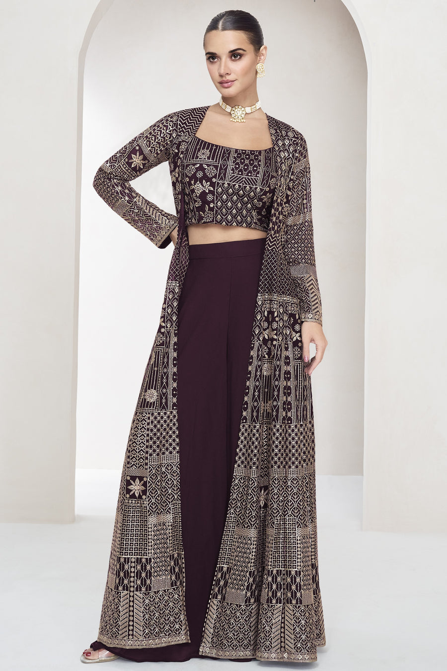 Maroon Georgette Palazzo with Choli & Jacket For Wedding & Indian Festival - Embroidery Work