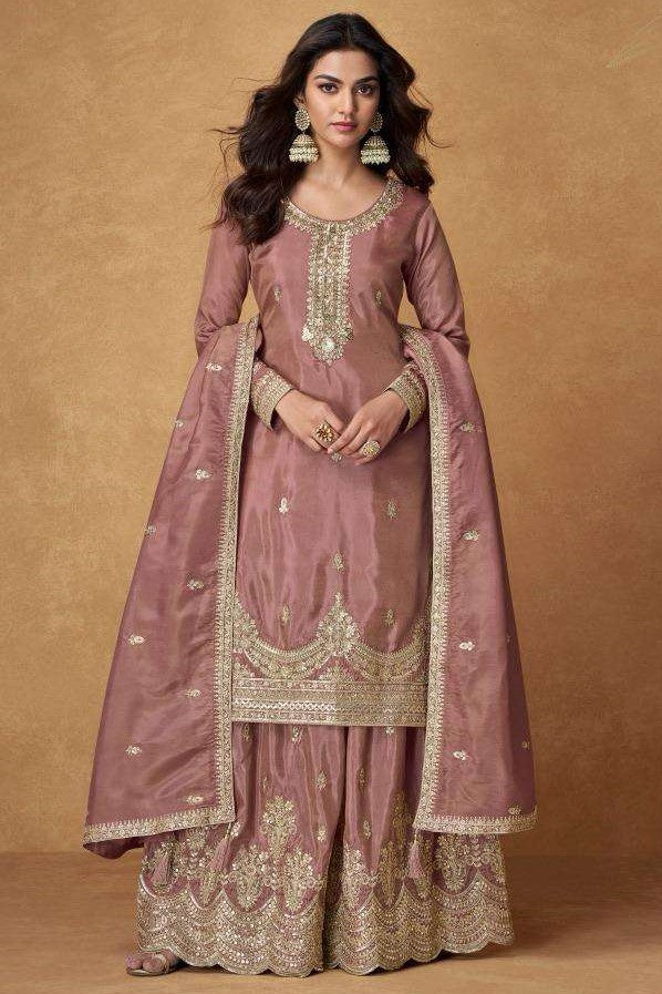 Mauve Organza Simar Silk Palazzo Suit For Indian & Pakistani Wedding Festival - Embroidery Work