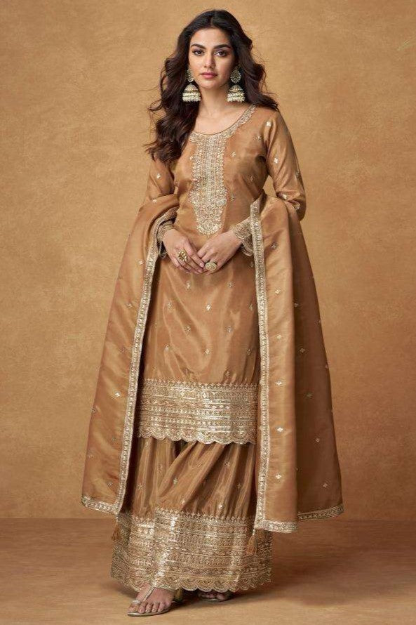 Bronze Organza Simar Silk Palazzo Suit For Indian & Pakistani Wedding Festival - Embroidery Work