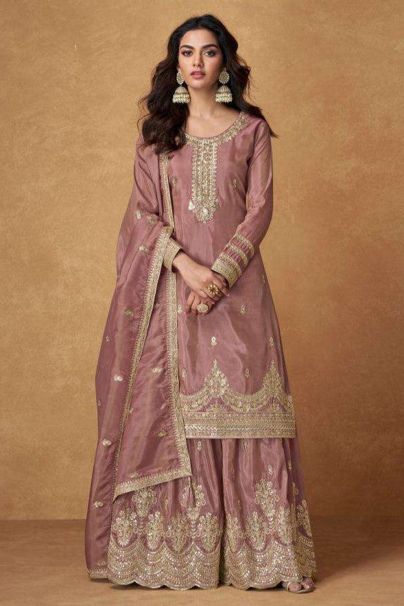 Mauve Organza Simar Silk Palazzo Suit For Indian & Pakistani Wedding Festival - Embroidery Work