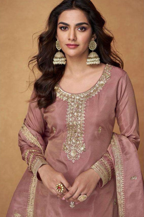 Mauve Organza Simar Silk Palazzo Suit For Indian & Pakistani Wedding Festival - Embroidery Work