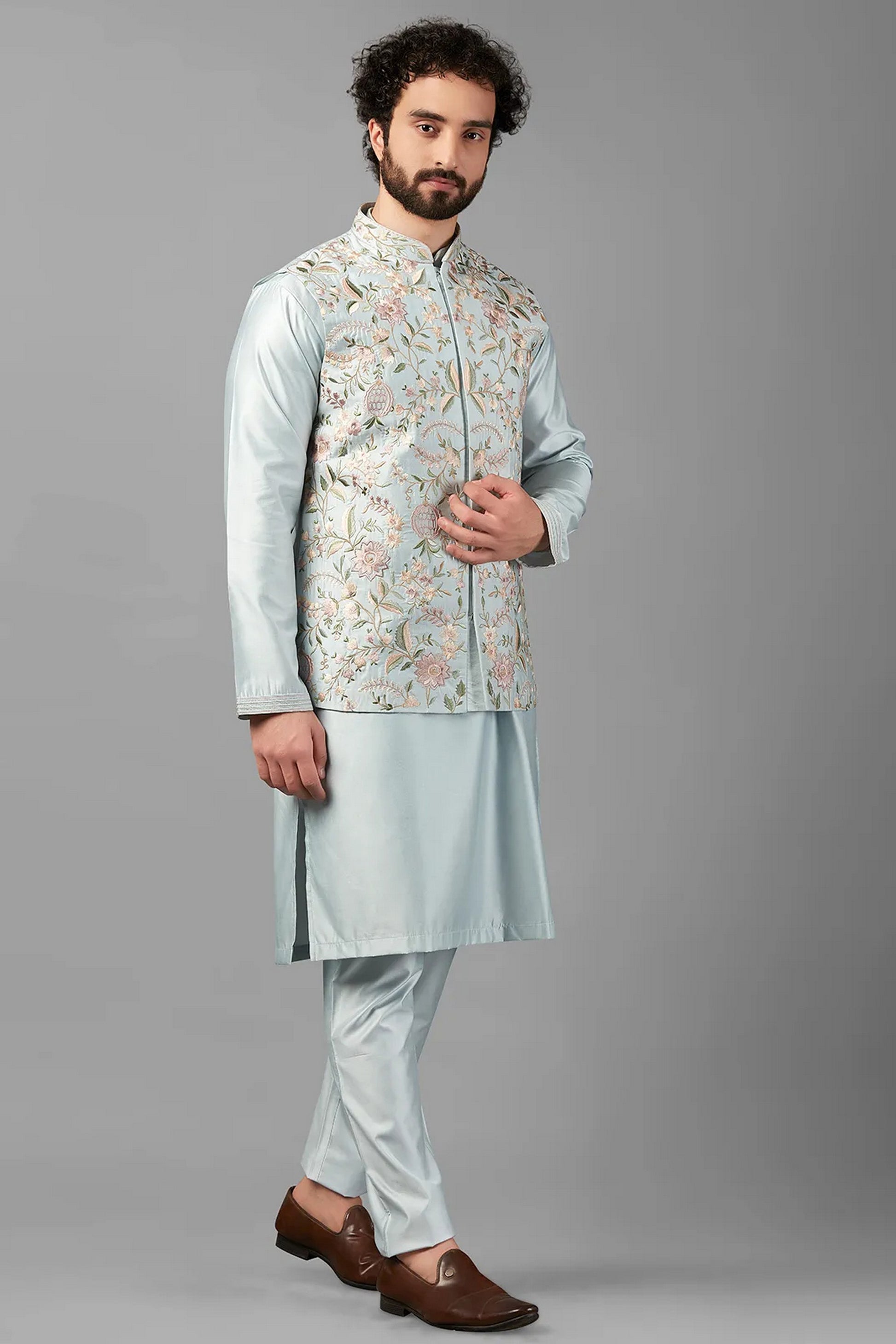 Sky Blue Silk Men's Wedding Suit Waistcoat with Kurta & Pant - Embroidery Work