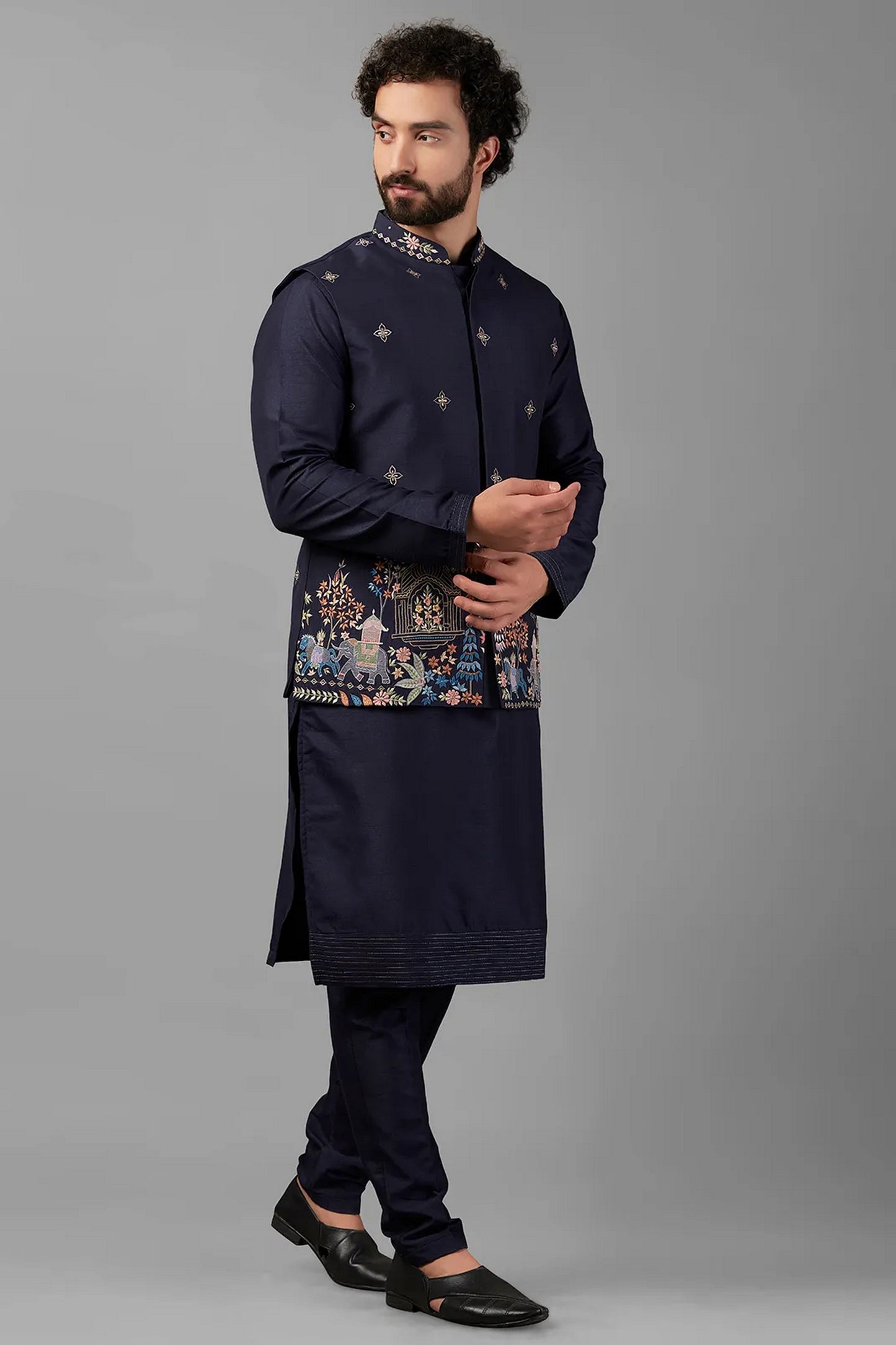 Navy Blue Polyester Silk Men's Wedding Suit Waistcoat, Kurta with Pant - Embroidery Work