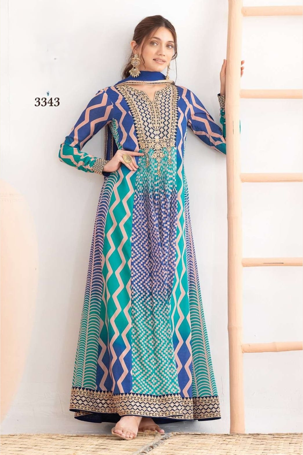 Teal Chinon Silk Dual Color Anarkali Suit For Indian & Pakistani Wedding Festival - Motif Work, Print Work, Resham Embroidery Work