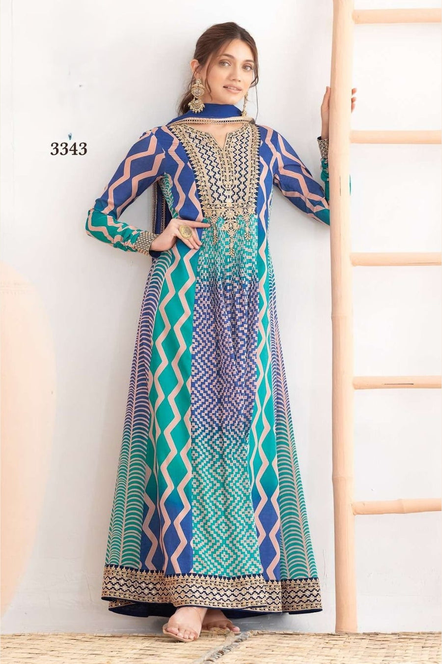 Teal Chinon Silk Dual Color Anarkali Suit For Indian & Pakistani Wedding Festival - Motif Work, Print Work, Resham Embroidery Work