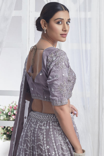 Gray Net Embroidered Lehenga Choli For Indian Festival & Pakistani Wedding - Sequence Embroidery Work