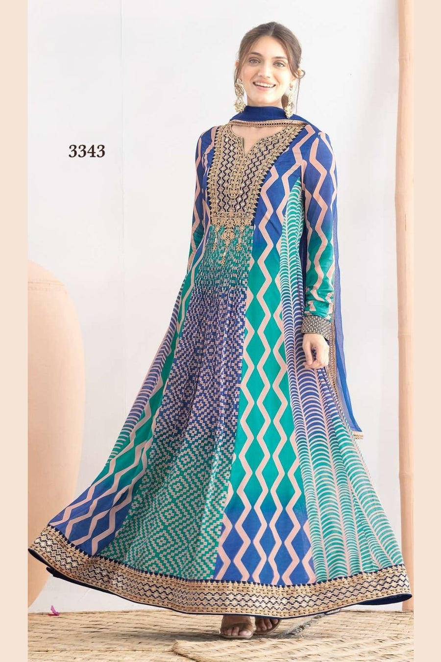 Teal Chinon Silk Dual Color Anarkali Suit For Indian & Pakistani Wedding Festival - Motif Work, Print Work, Resham Embroidery Work