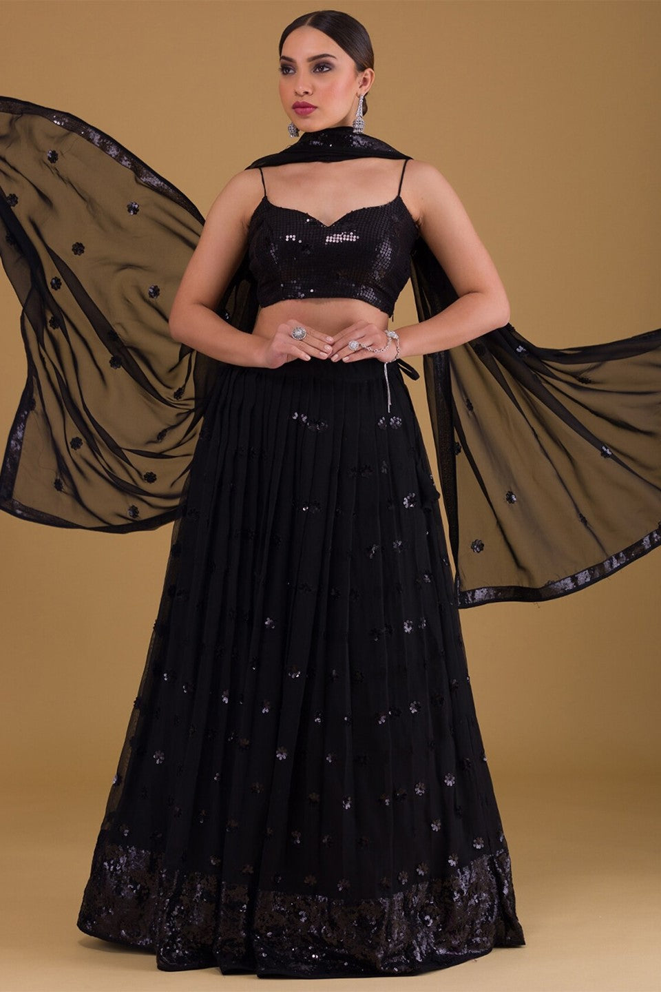 Black Georgette Lehenga Choli For Indian Festivals & Pakistani Weddings Dress - Sequence Embroidery Work, Zari Work