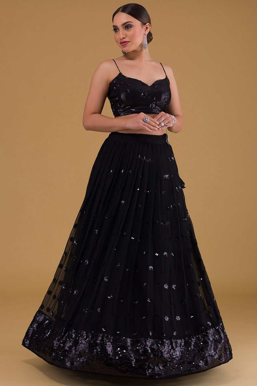 Black Georgette Lehenga Choli For Indian Festivals & Pakistani Weddings Dress - Sequence Embroidery Work, Zari Work