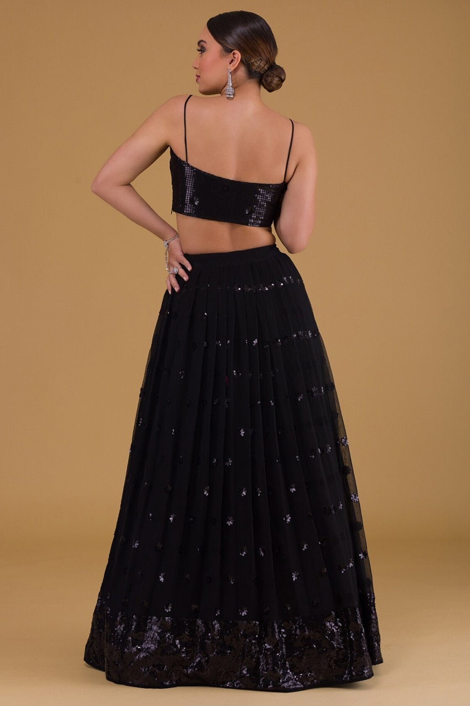 Black Georgette Lehenga Choli For Indian Festivals & Pakistani Weddings Dress - Sequence Embroidery Work, Zari Work