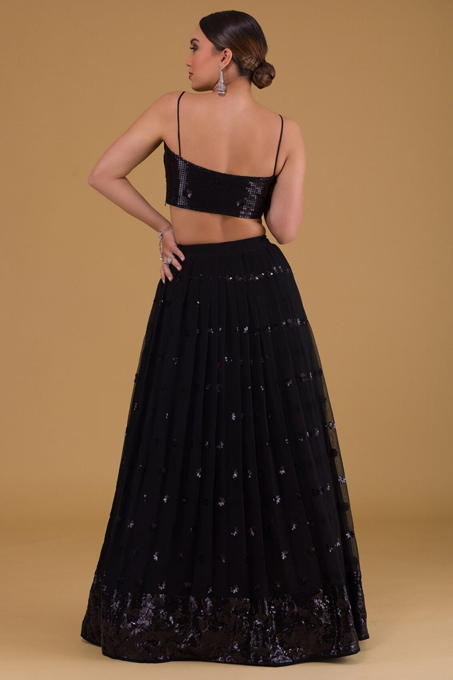 Black Georgette Lehenga Choli For Indian Festivals & Pakistani Weddings Dress - Sequence Embroidery Work, Zari Work