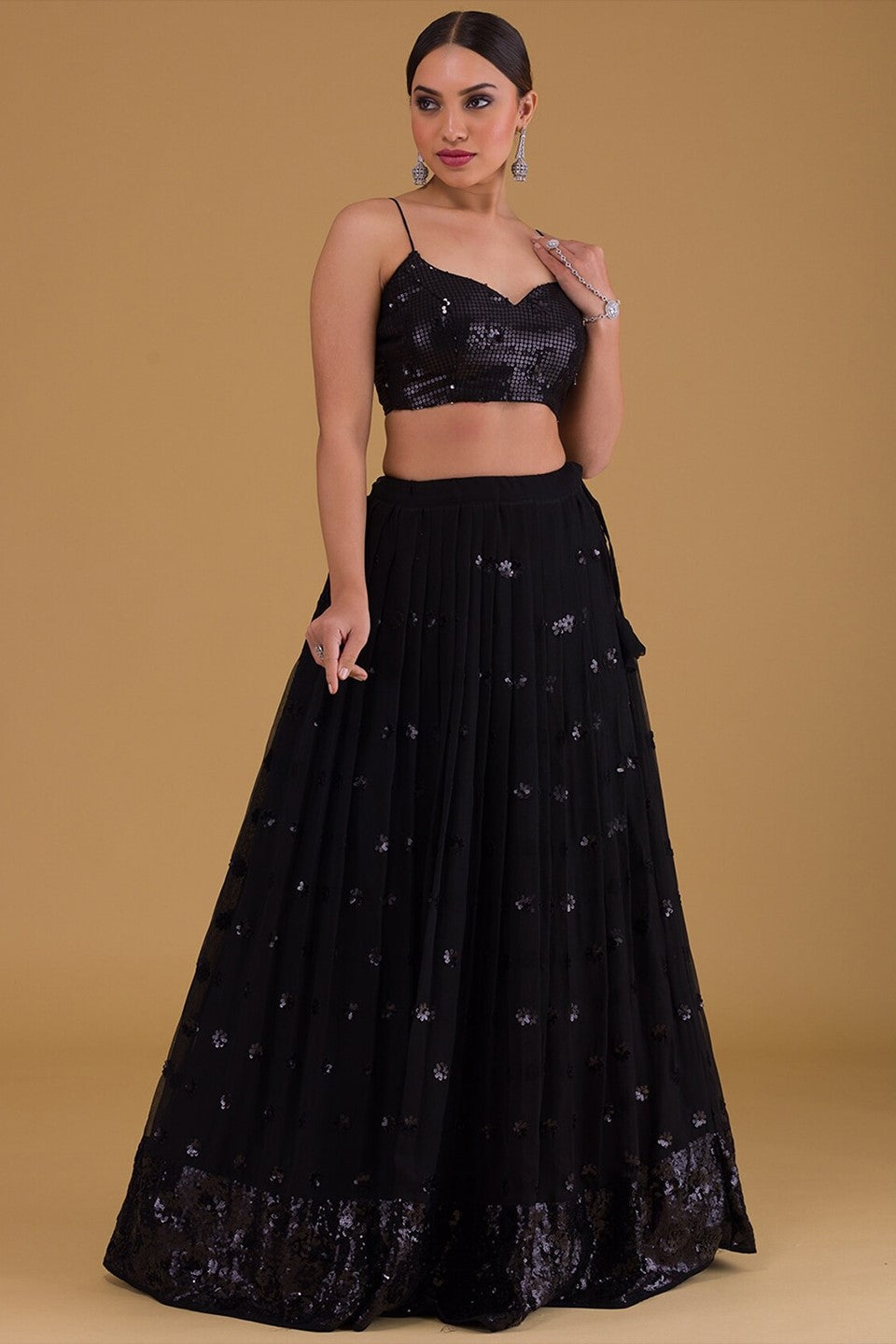 Black Georgette Lehenga Choli For Indian Festivals & Pakistani Weddings Dress - Sequence Embroidery Work, Zari Work
