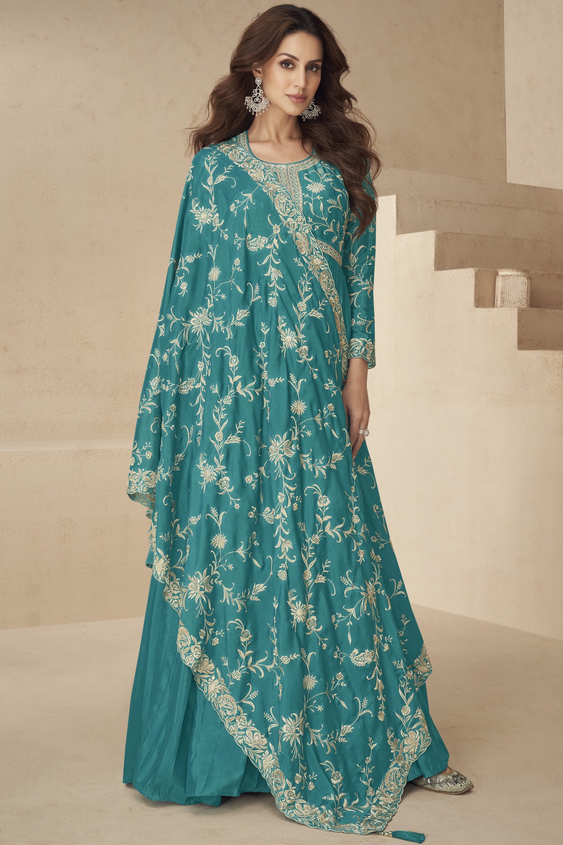 Turquoise Chinon Silk Floor Full Length Anarkali Gown For Indian Festival & Wedding - Embroidery Work