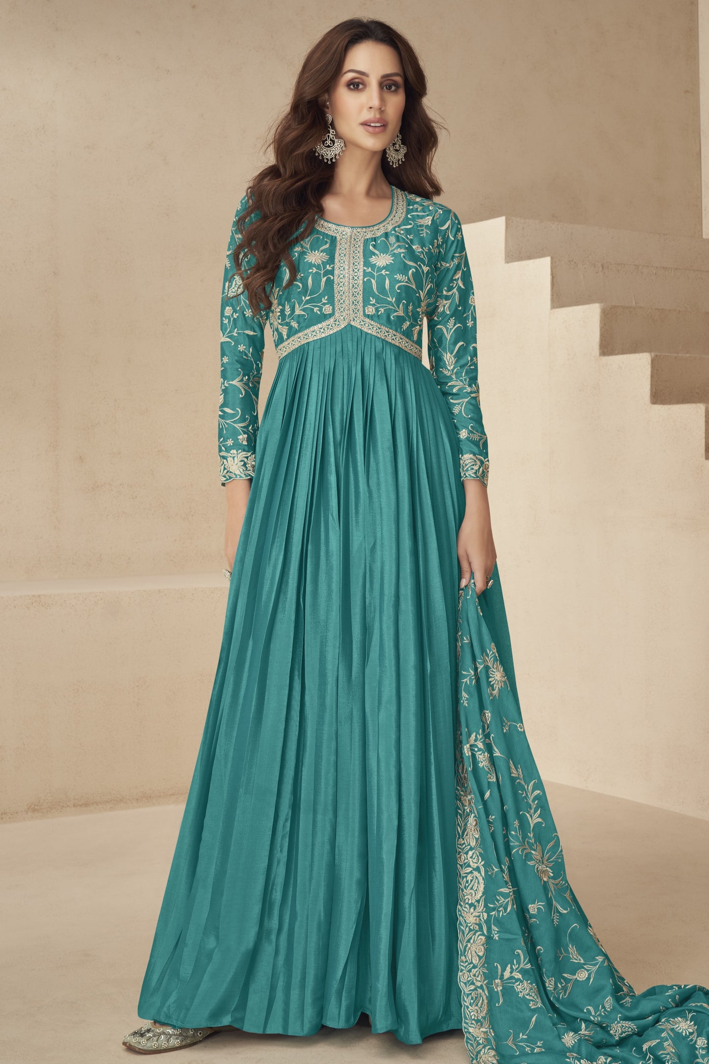 Turquoise Chinon Silk Floor Full Length Anarkali Gown For Indian Festival & Wedding - Embroidery Work