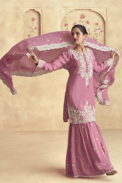 Pink Simar Silk Sharara Suit Dress For Indian Festivals & Pakistani Weddings - Thread Embroidery Work