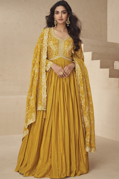 Mustard Chinon Silk Floor Full Length Anarkali Gown For Indian Festival & Wedding - Embroidery Work