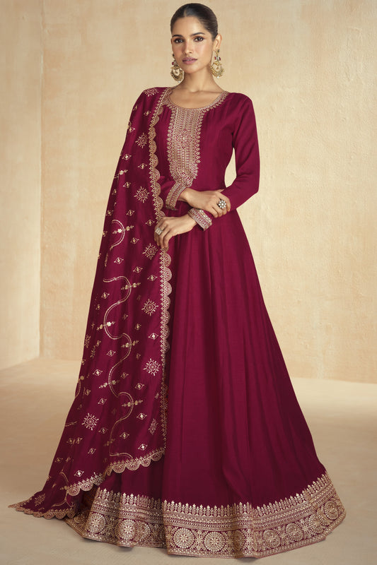 Maroon Chinon Silk Floor Full Length Anarkali Gown For Indian Festivals & Weddings - Embroidery Work