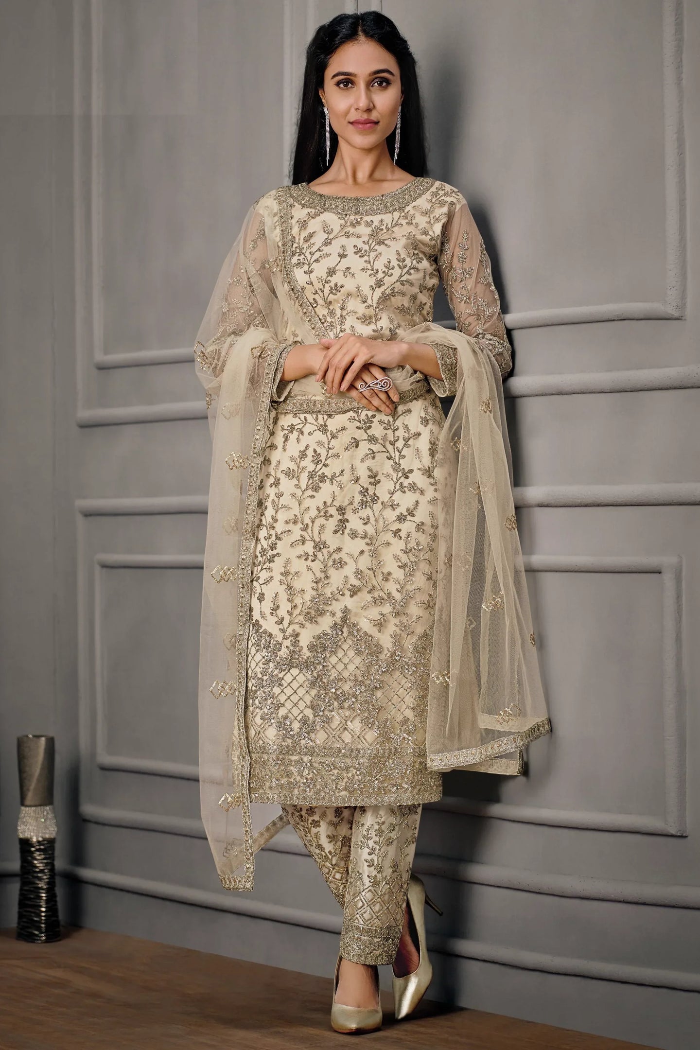 Cream net embroidered kameez with satin pant and net dupatta front view – Indian wedding suit by Hatke Bride