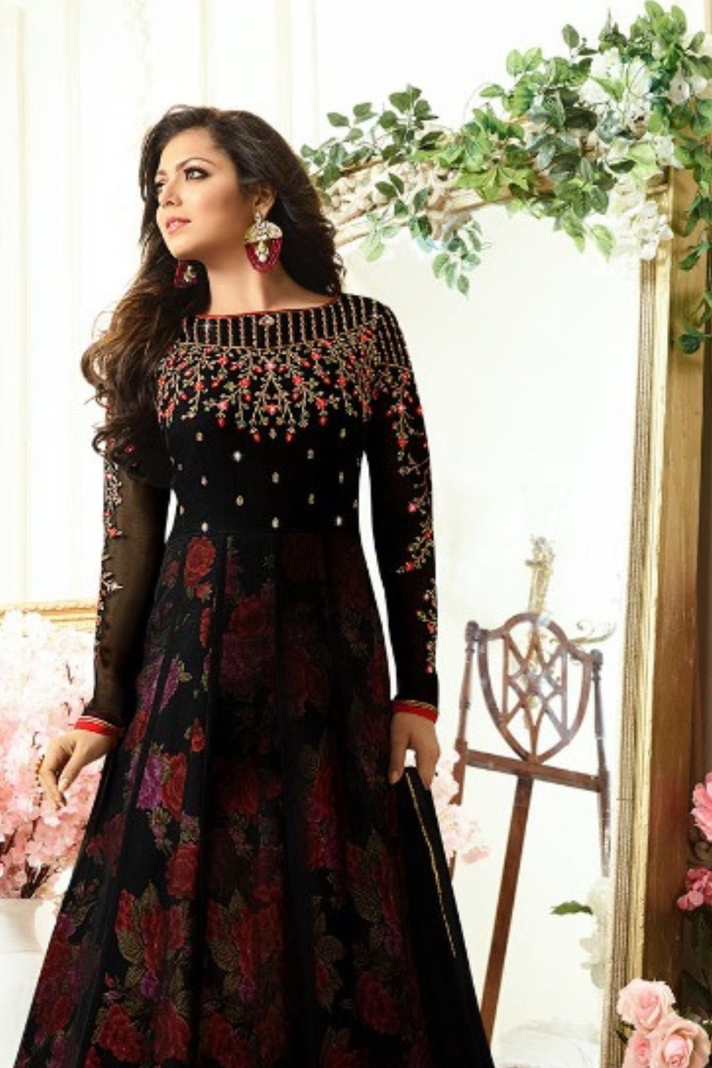 Black Georgette Anarkali Suit Indian Wedding Wear for Guests - Embroidery Work - close-up view