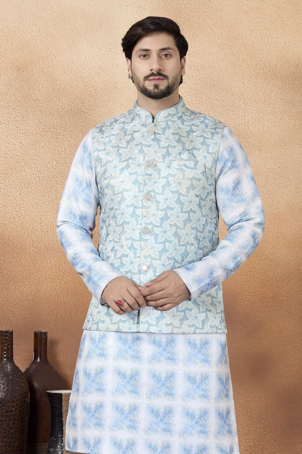 Light Blue India Traditional Clothing for Men - Jacquard & Print Work - close-up view