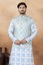 Light Blue India Traditional Clothing for Men - Jacquard & Print Work - close-up view