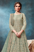 Green Net Anarkali with Dori Embroidery Indian Dresses for Women - close-up view