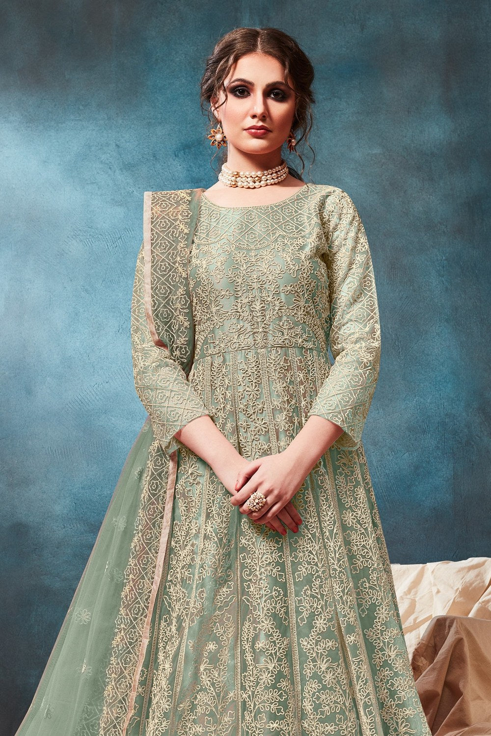 Green Net Anarkali with Dori Embroidery Indian Dresses for Women - close-up view