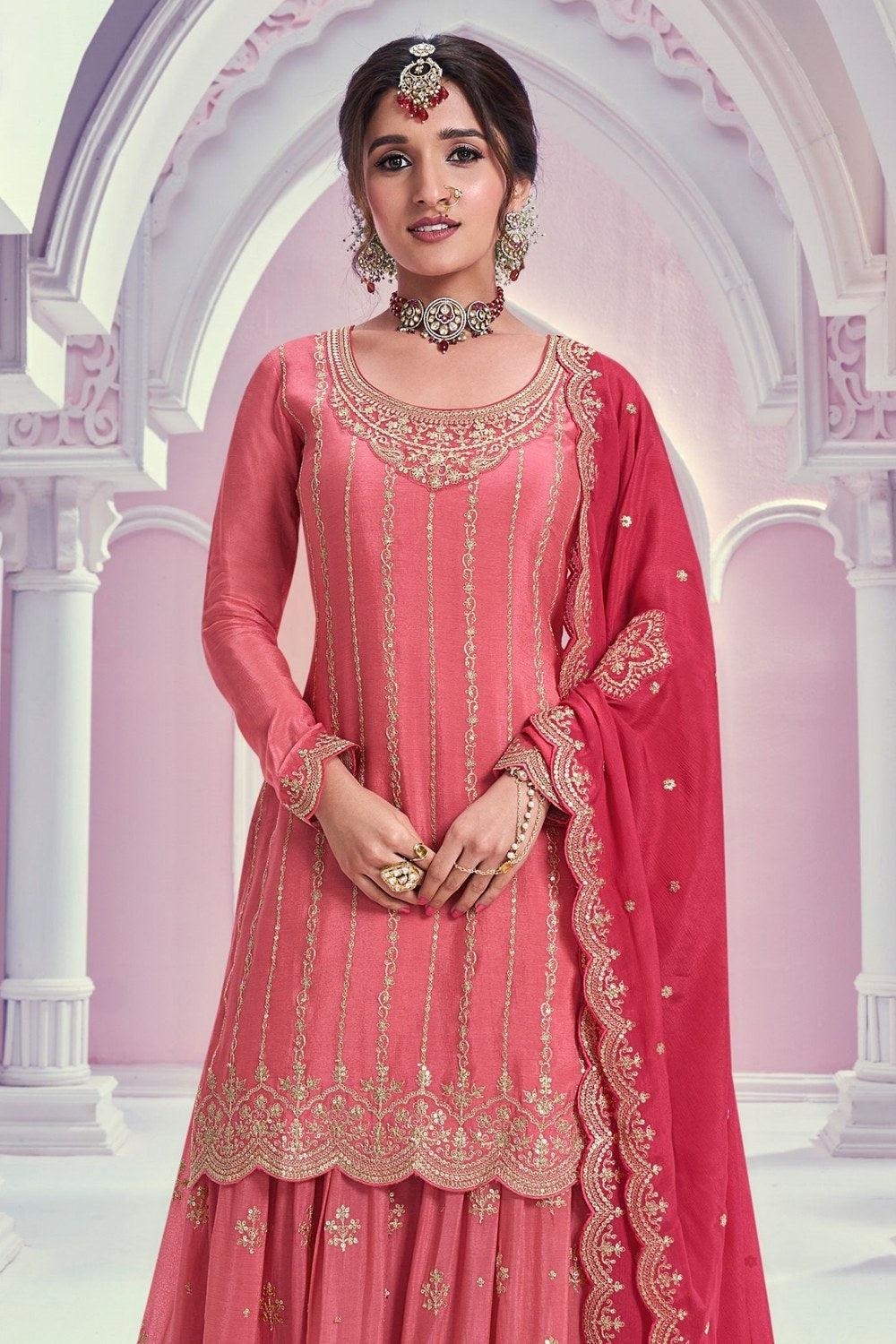 Coral Pink Chinon Silk Plazo Suit for Indian Wedding Outfits - Thread & Sequence Embroidery Work - close-up view