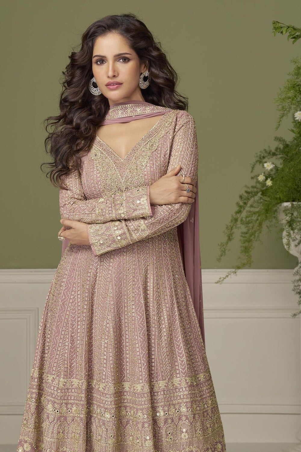 Pale Purple Georgette Kameez With Palazzo For Indian & Pakistani Wedding Festival - Thread & Sequins Embroidery Work, Swarovski Work - close-up view