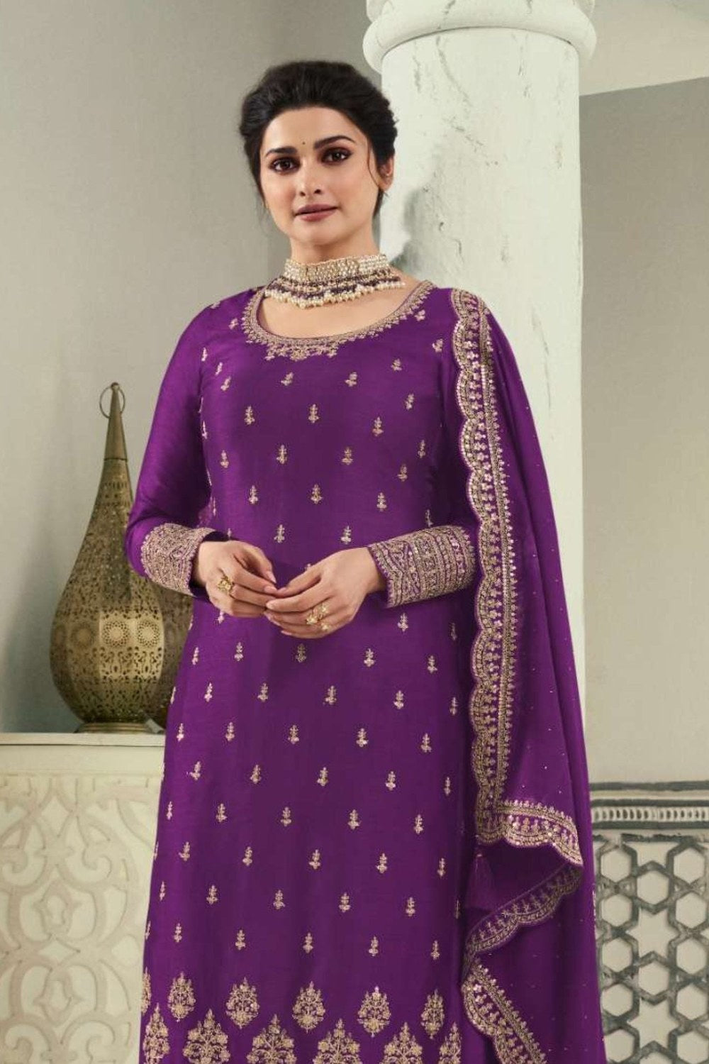 Purple Georgette Silk Kameez with Pant Suit For Indian Festivals & Pakistani Weddings Dress - Thread Embroidery Work - close-up view