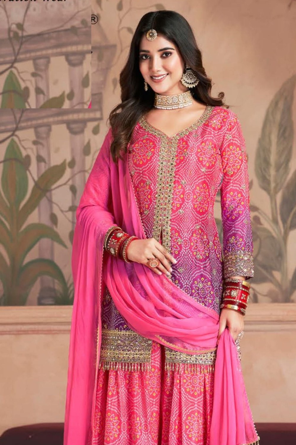 Pink Dual Color Chinon Silk Bandhani Style Pattern Palazzo Suit with Chiffon Dupatta For Indian Festivals & Weddings - Sequence Embroidery Work, Mirror Work, Print Work - close-up view
