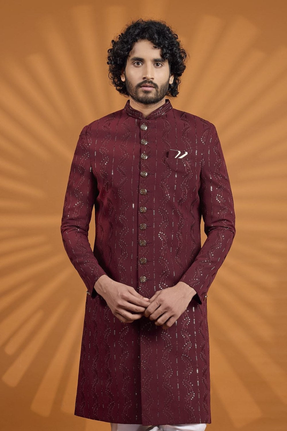 Burgundy Georgette Embroidered Indian Wedding Clothes Men - Kurta Pajama - close-up view