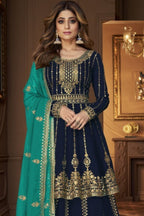 Navy Blue Georgette Kameez with Skirt Suit For Indian Wedding & Festival - Sequence Embroidery Work - close-up view