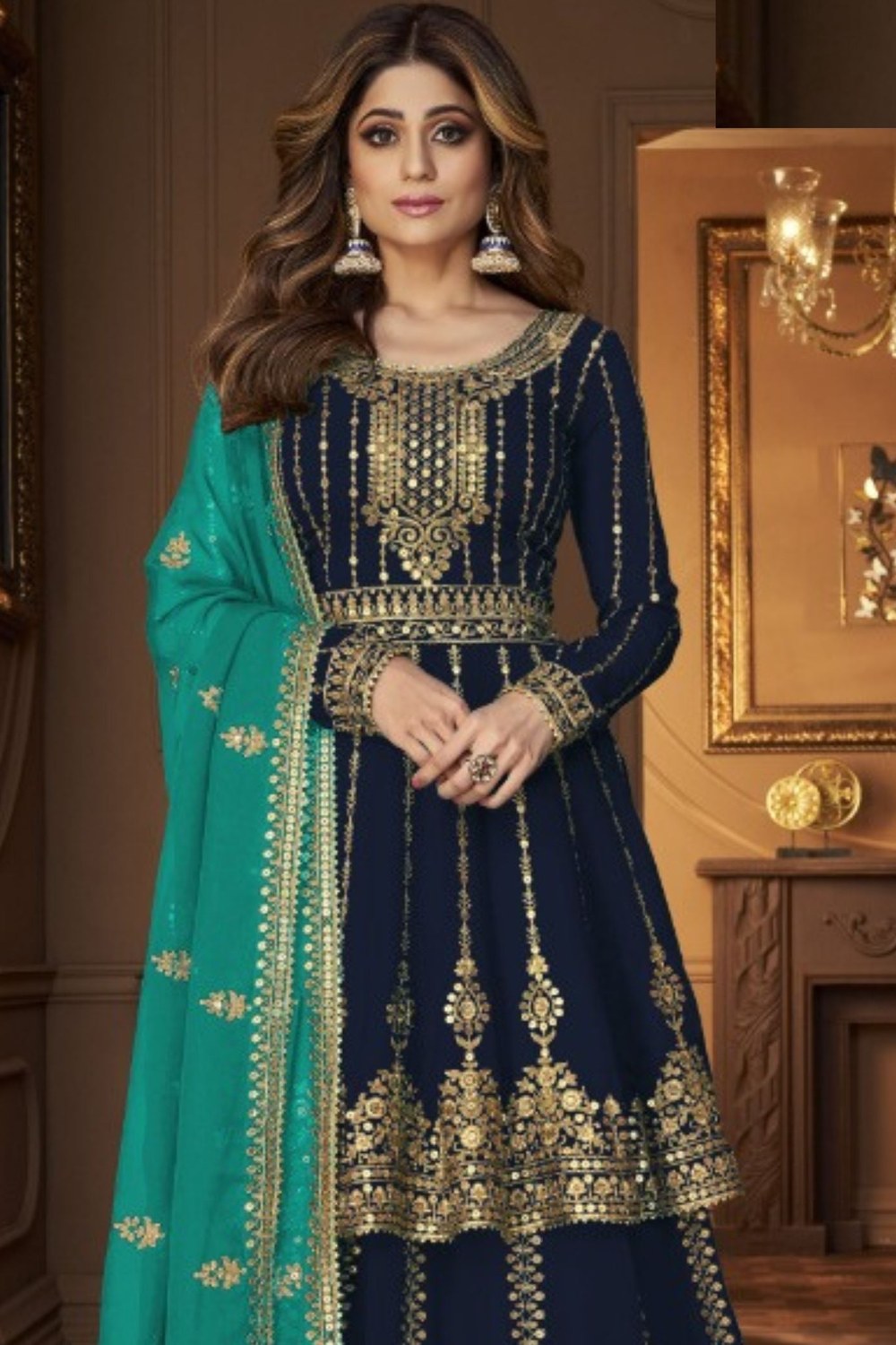 Navy Blue Georgette Kameez with Skirt Suit For Indian Wedding & Festival - Sequence Embroidery Work - close-up view