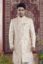 Champagne Jacquard Woven Indo Western Mens Indian Wedding Attire - close-up view