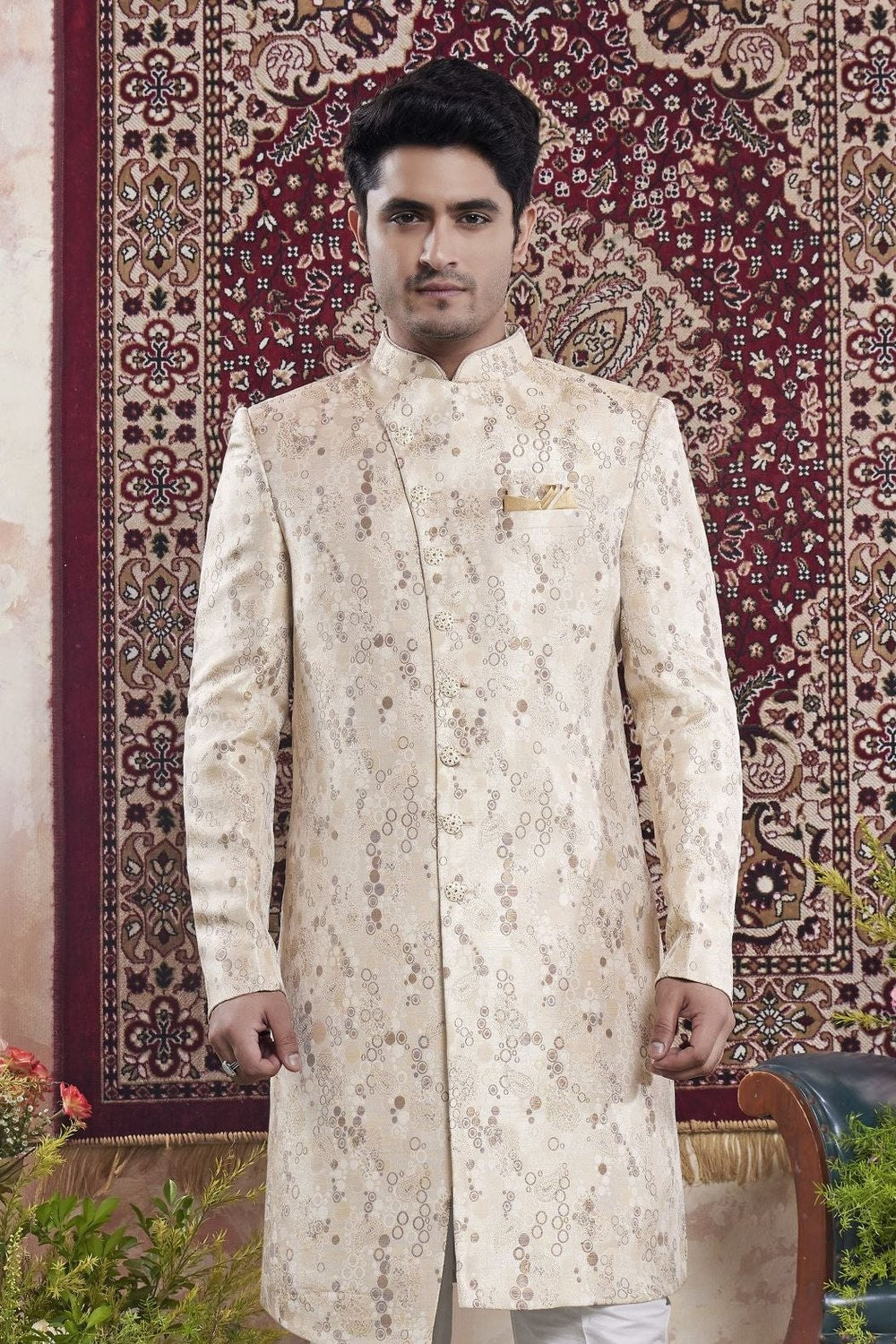Champagne Jacquard Woven Indo Western Mens Indian Wedding Attire - close-up view