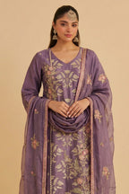 Plum Shimmer Silk Women's Straight Pant Suit with Embroidery Work - close-up view