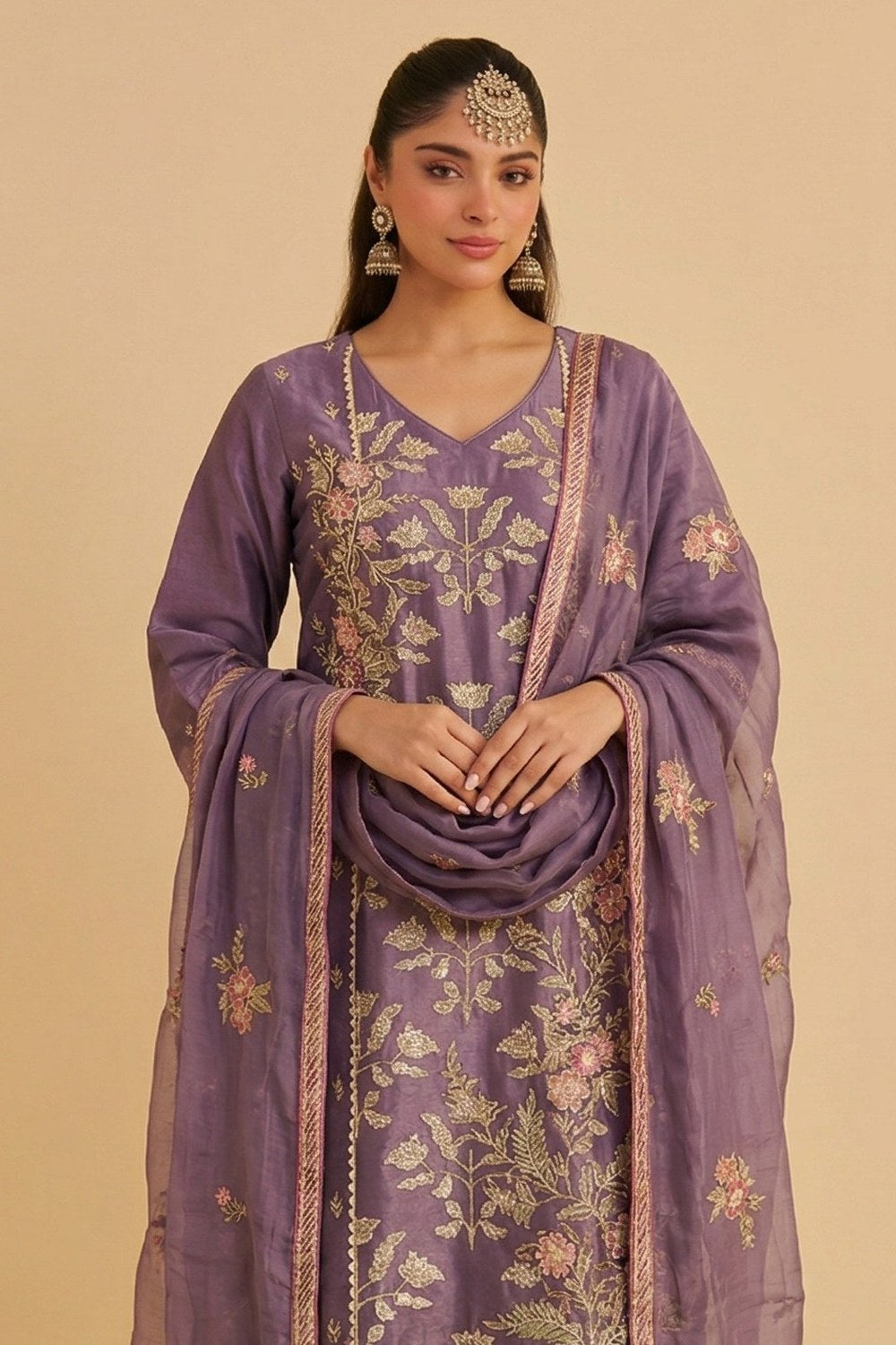 Plum Shimmer Silk Women's Straight Pant Suit with Embroidery Work - close-up view
