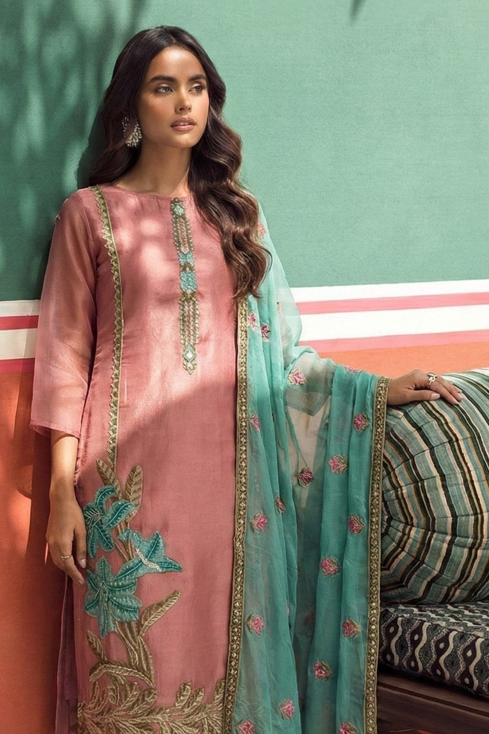 Pink Fancy Zari Fabric Kameez With Pant For Indian & Pakistani Wedding Festival - Embroidery Work - close-up view