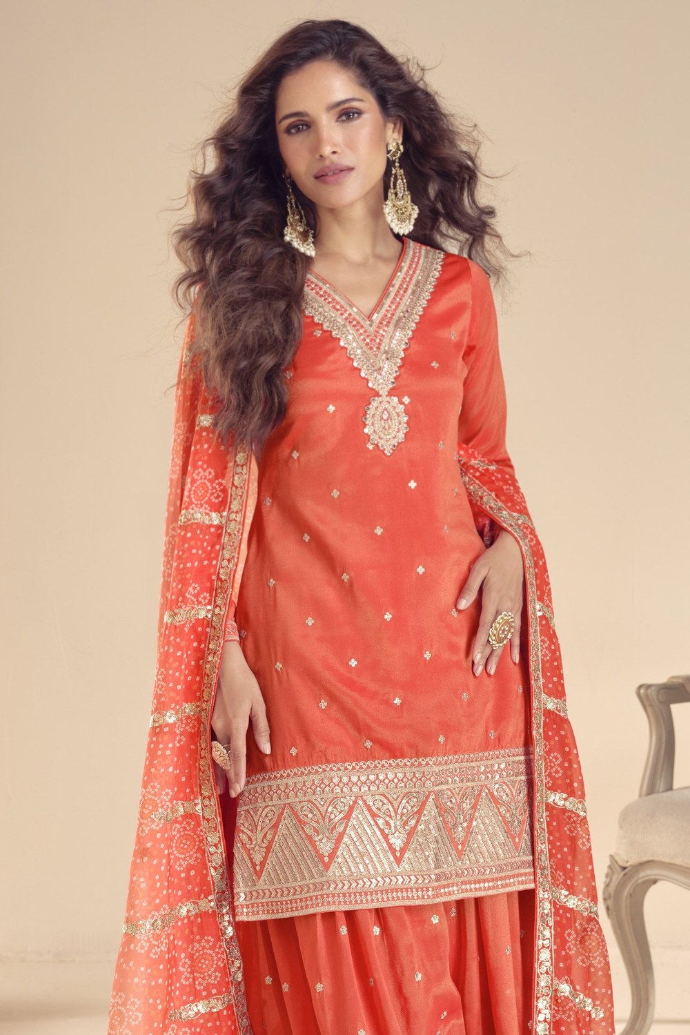 Orange Simar Silk Plazo Suit For Indian Festivals & Weddings - Embroidery Work, Print Work - close-up view