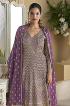 Purple Georgette Palazzo Suit For Indian & Pakistani Wedding Festival - Embroidery Work, Swarovski Work - close-up view