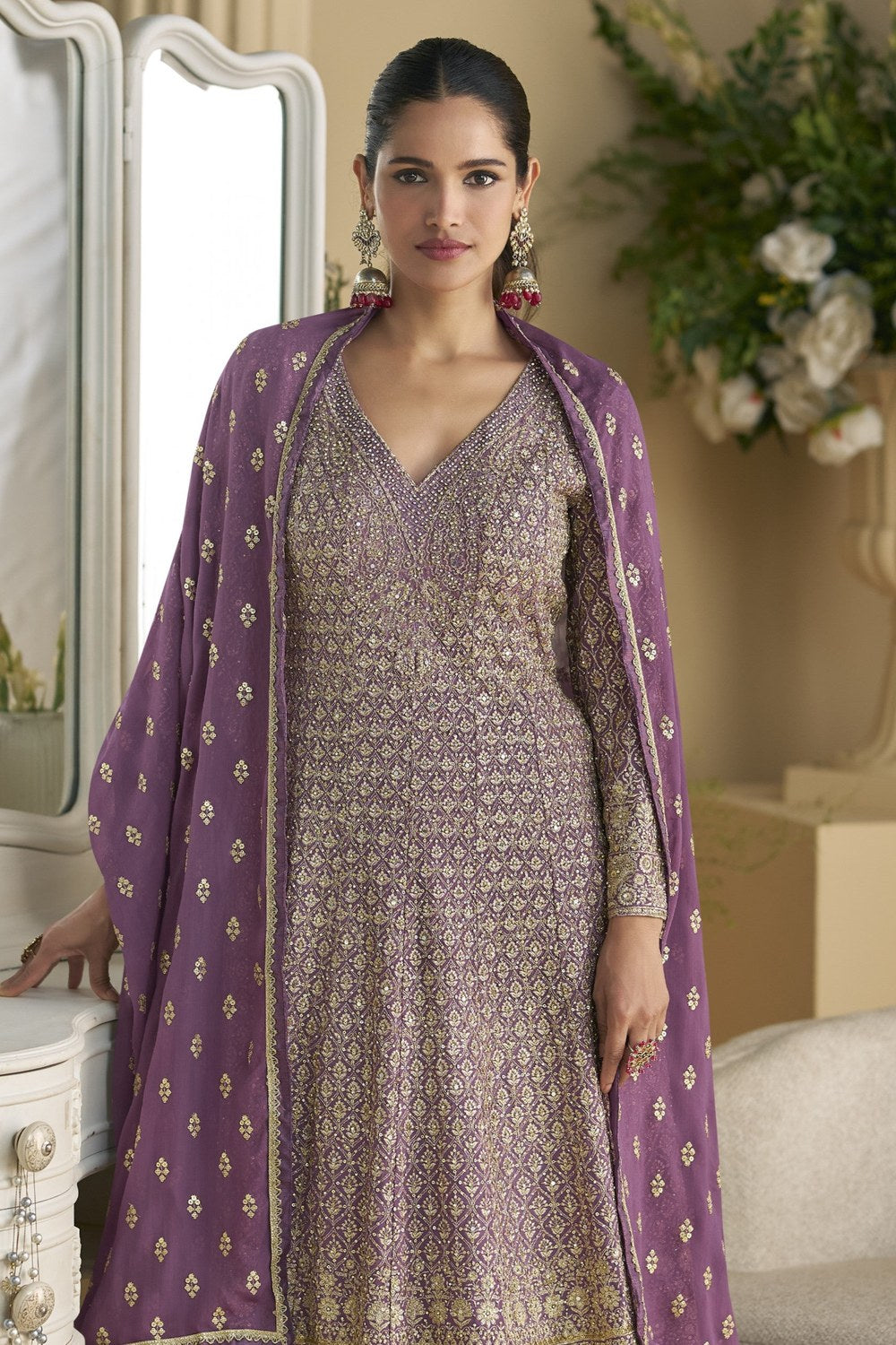 Purple Georgette Palazzo Suit For Indian & Pakistani Wedding Festival - Embroidery Work, Swarovski Work - close-up view